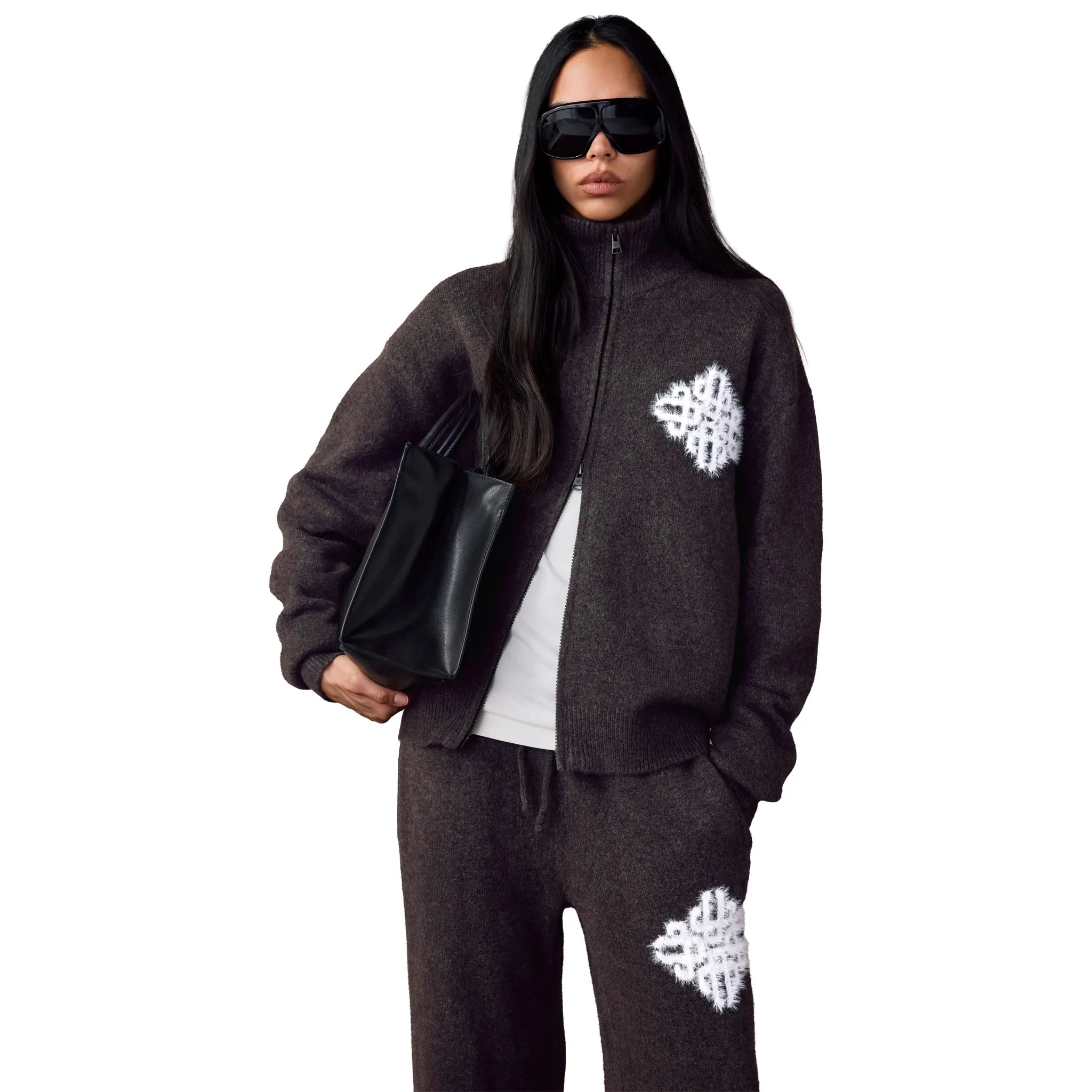 Front View of The Couture Club Fluff Knit Brown Neck Funnel Sweatshirt